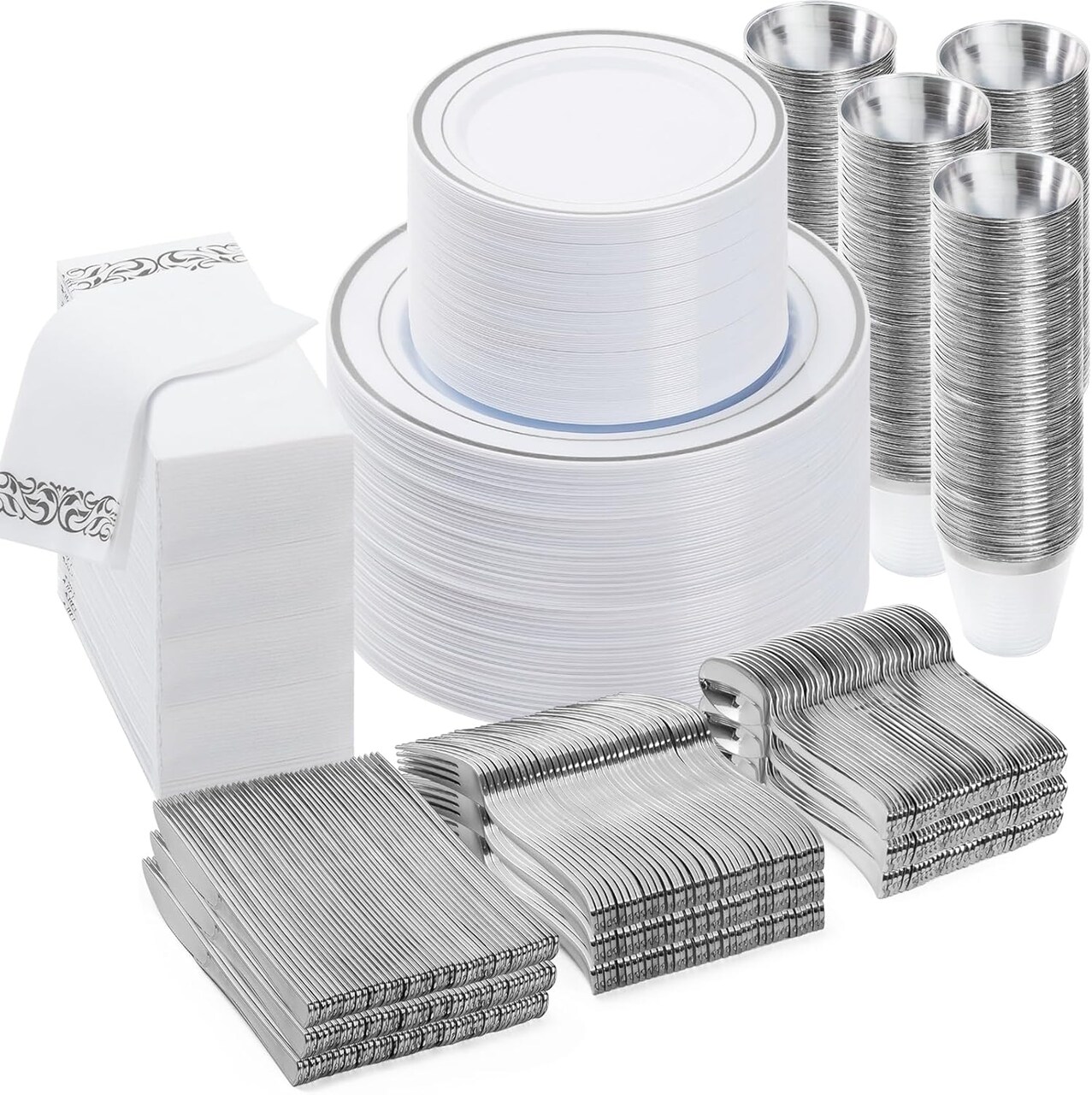 Silver Disposable Dinnerware Set – 25, 50, 75, 100 Guest Options, Plates, Silverware, Cups for Wedding, Party, Events